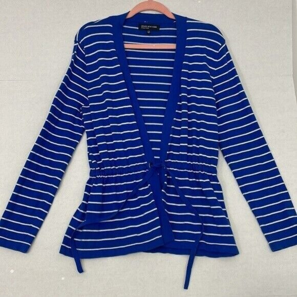 Jones New York Cardigan Sweater, Open Front with Drawstring, Blue and White, L - Picture 1 of 10